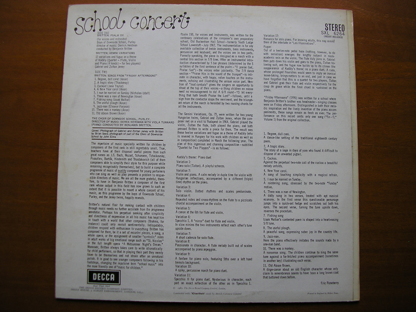 SXL 6264  BRITTEN: SCHOOL CONCERT    PSALM 150 / GEMINI VARIATIONS / SONGS     CHOIR OF DOWNSIDE SCHOOL / TUNNARD / BRITTEN     ED2