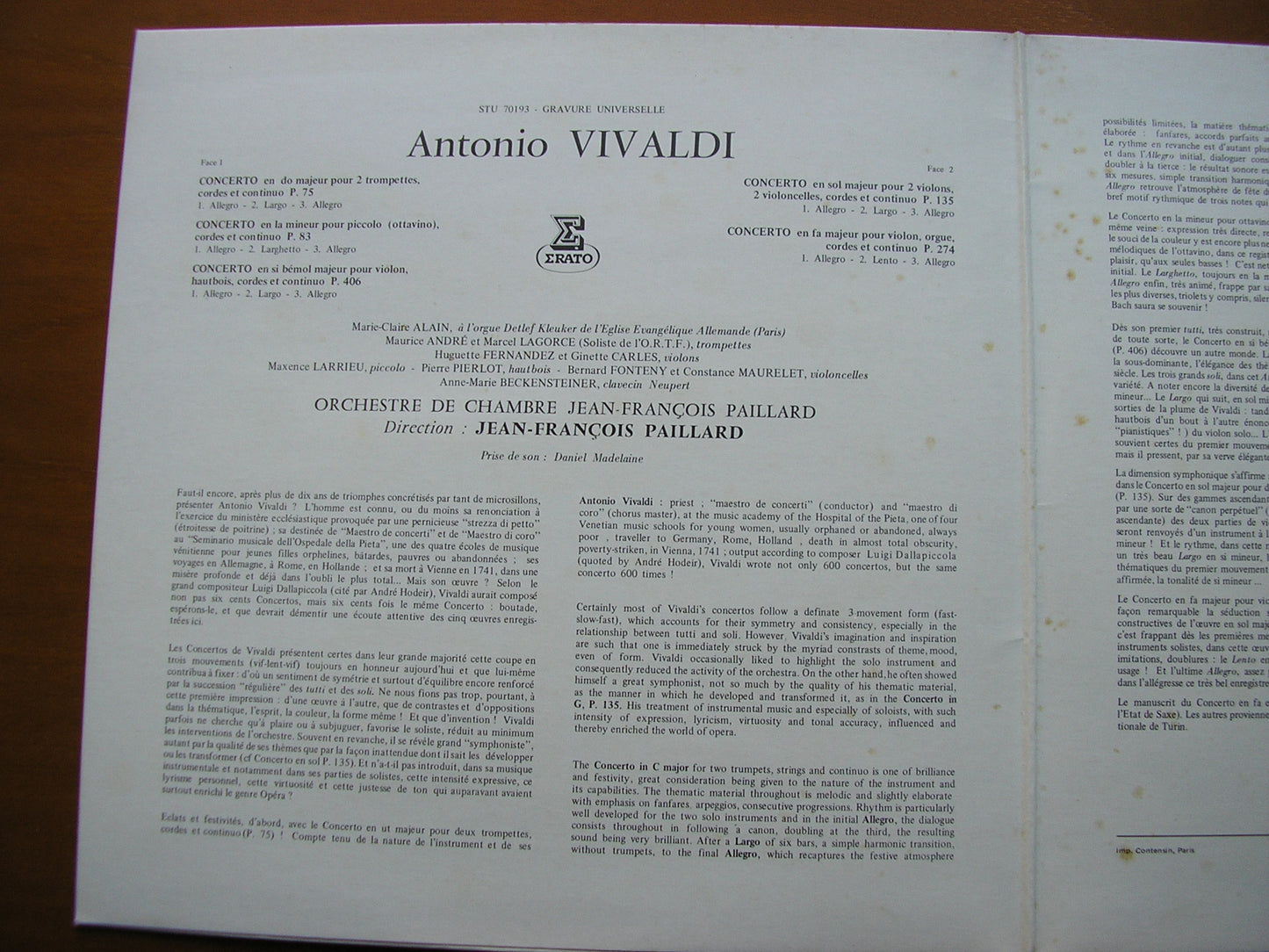 VIVALDI: FIVE CONCERTOS     SOLOISTS / PAILLARD ORCHESTRA / PAILLARD    STU 70193