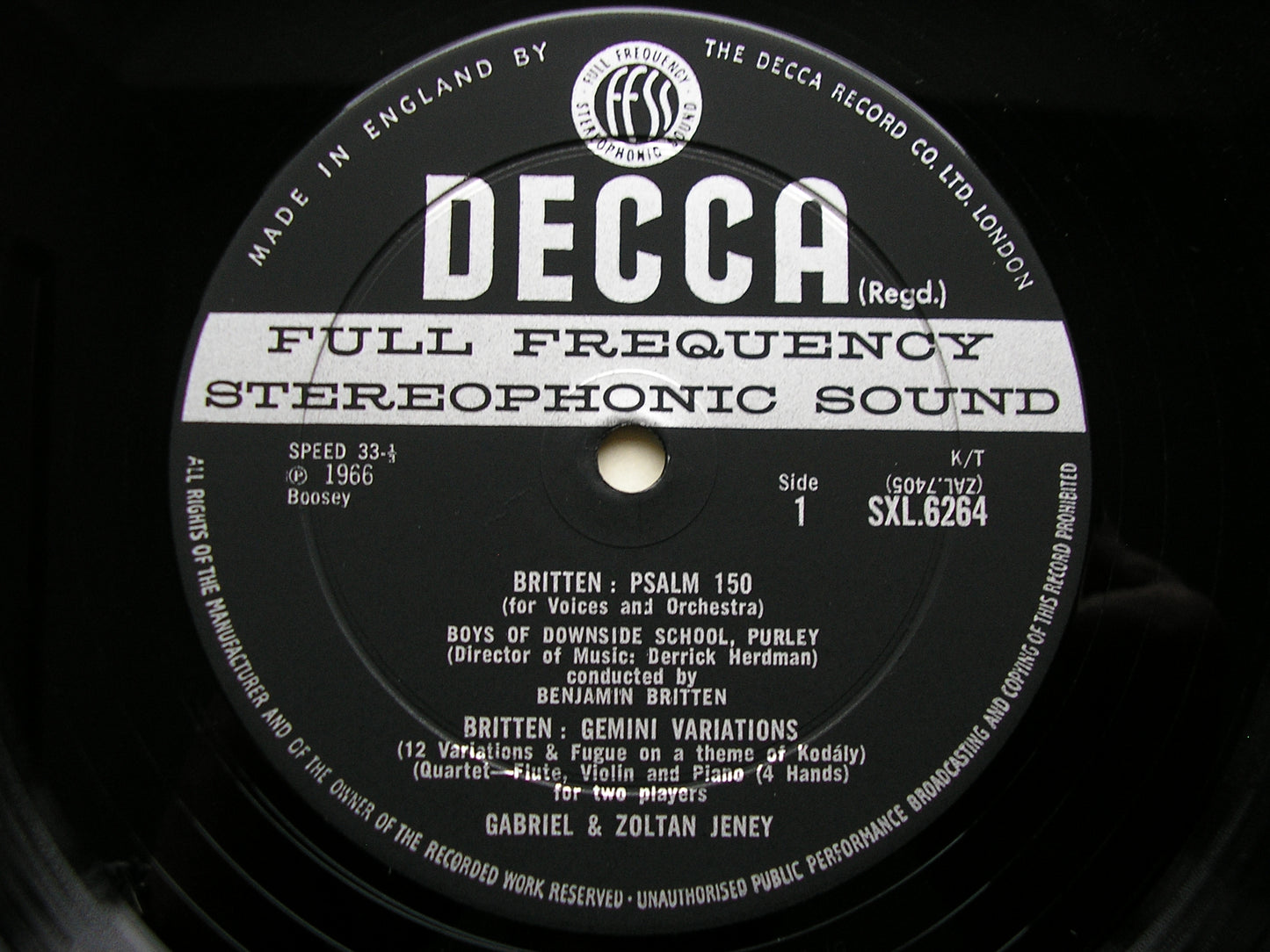 SXL 6264  BRITTEN: SCHOOL CONCERT    PSALM 150 / GEMINI VARIATIONS / SONGS     CHOIR OF DOWNSIDE SCHOOL / TUNNARD / BRITTEN     ED2