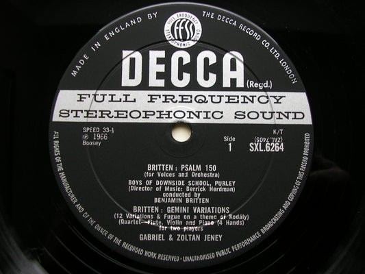 SXL 6264  BRITTEN: SCHOOL CONCERT    PSALM 150 / GEMINI VARIATIONS / SONGS     CHOIR OF DOWNSIDE SCHOOL / TUNNARD / BRITTEN     ED2