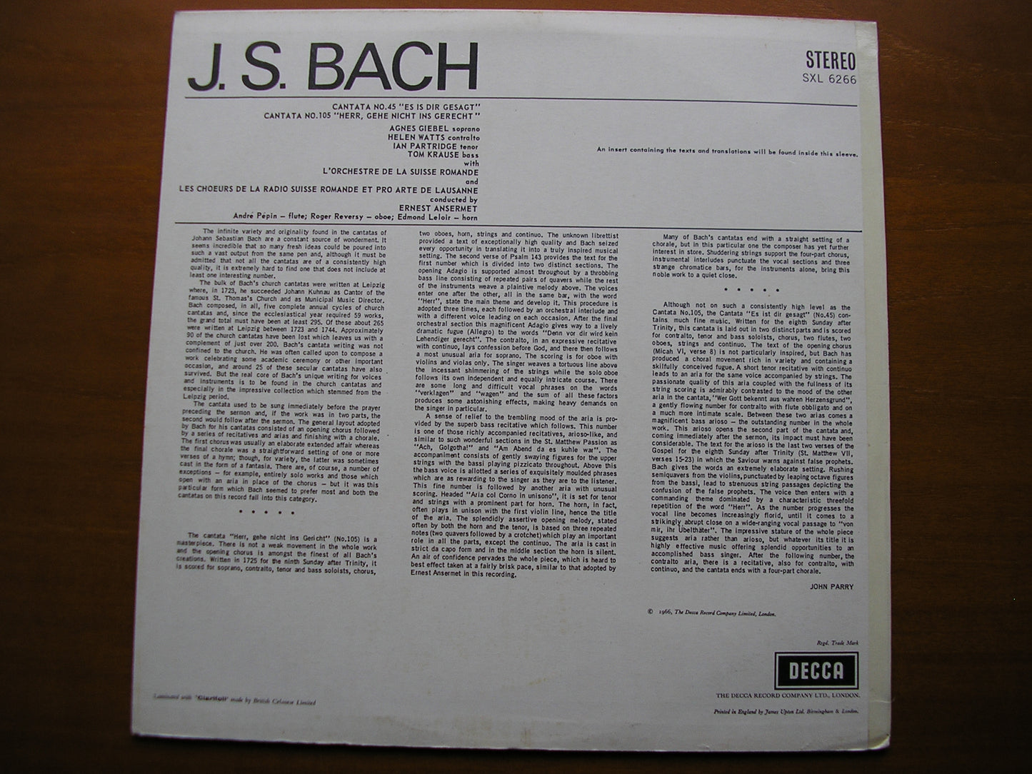 SXK 6266  BACH: CANTATAS Nos. 45  &  105      SOLOISTS / SUISSE ROMANDE / ANSERMET   ED2