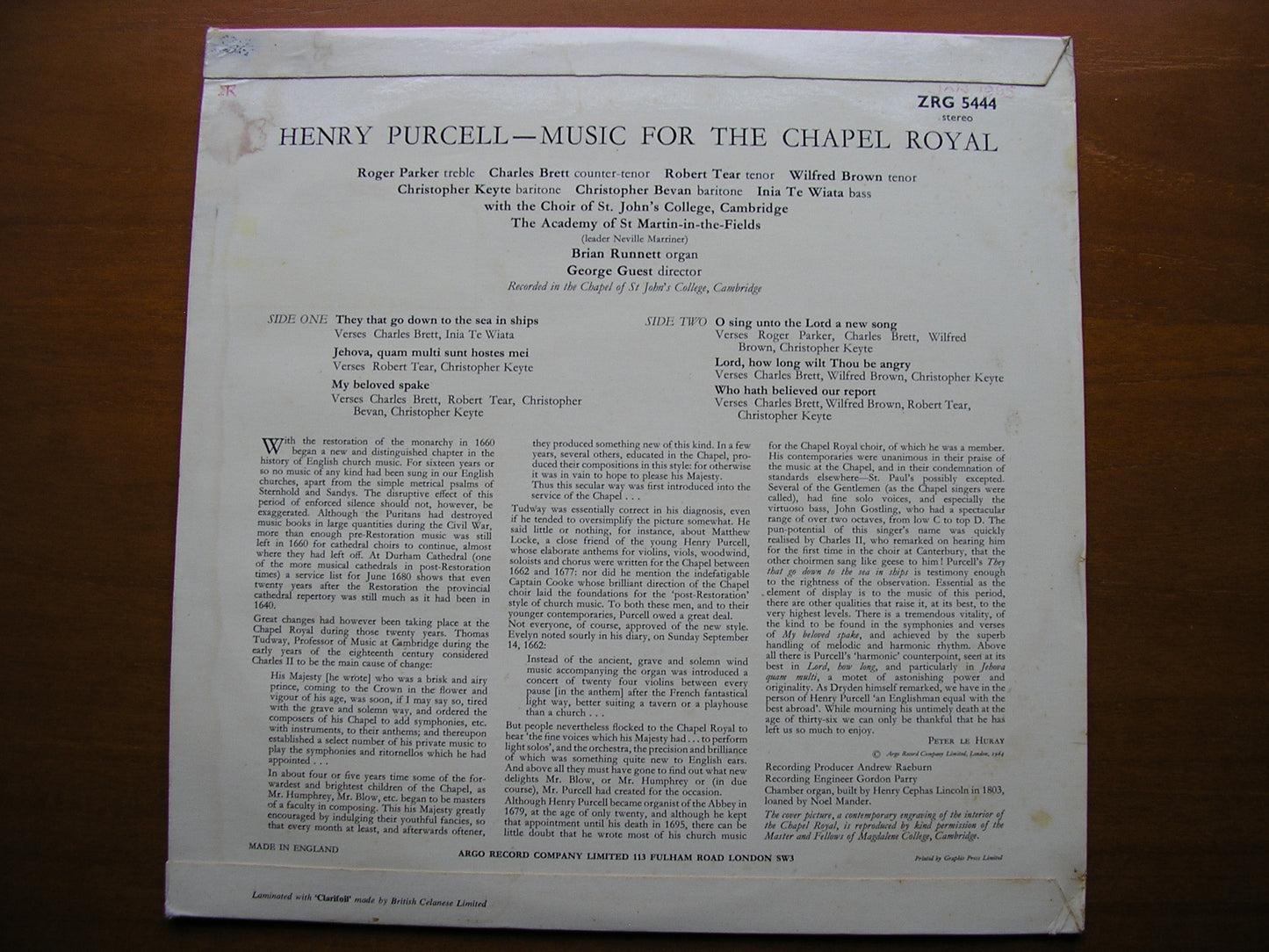 PURCELL: MUSIC FOR THE CHAPEL ROYAL    SOLOISTS / ASMIF / CHOIR OF ST JOHN'S COLLEGE / GUEST     ZRG 5444