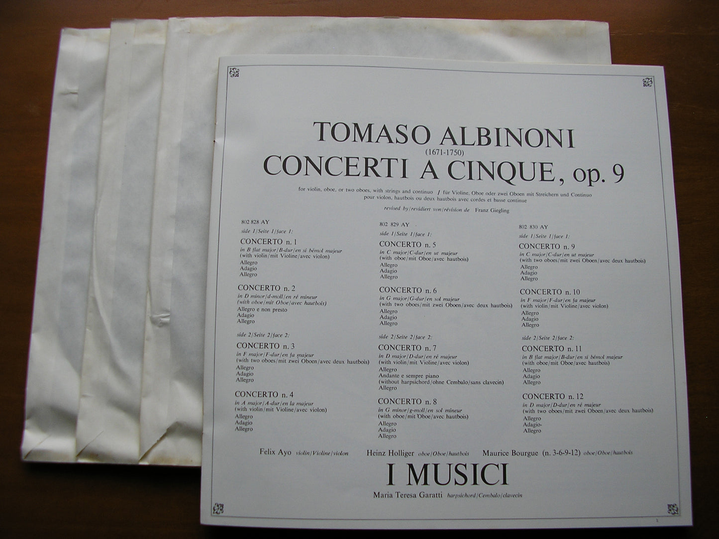 ALBINONI: TWELVE CONCERTI FOR FIVE PLAYERS Op. 9       I MUSICI     3LP     AXS 3005