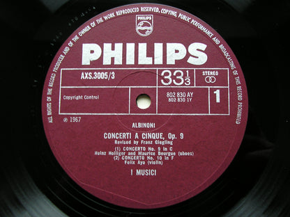 ALBINONI: TWELVE CONCERTI FOR FIVE PLAYERS Op. 9       I MUSICI     3LP     AXS 3005