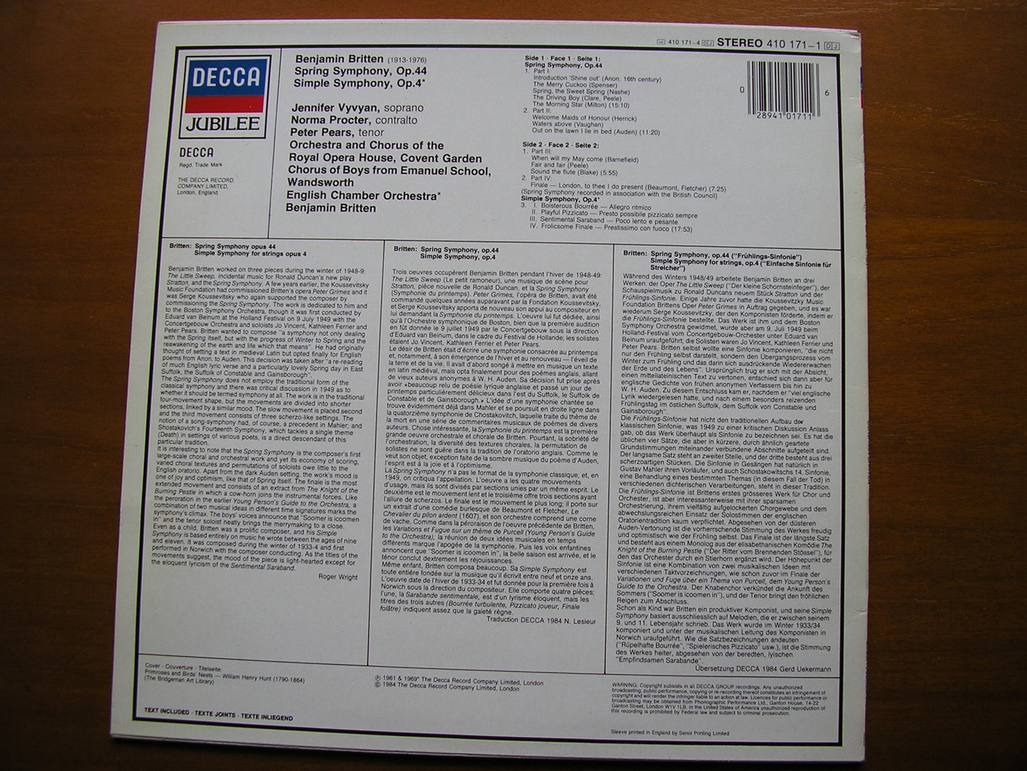 BRITTEN: SPRING SYMPHONY / SIMPLE SYMPHONY     SOLOISTS / ENGLISH CHAMBER ORCHESTRA / OROHCG / BRITTEN       410 171
