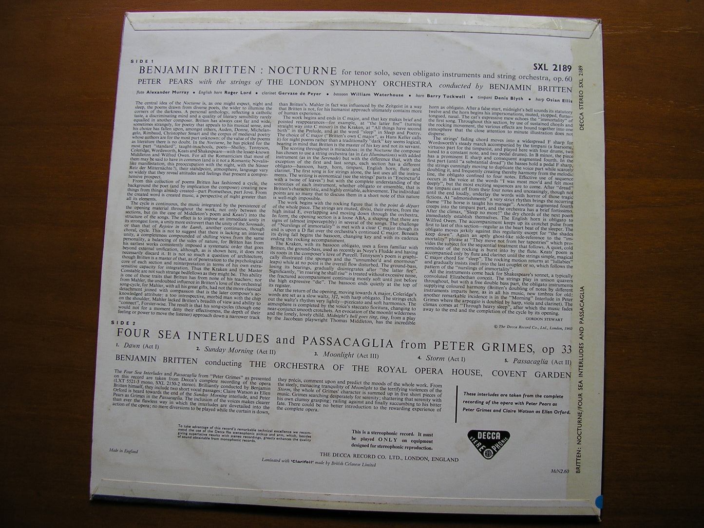 BRITTEN: NOCTURNE / FOUR SEA INTERLUDES / PASSACAGLIA from PETER GRIMES      BRITTEN / LONDON SYMPHONY     SXL 2189