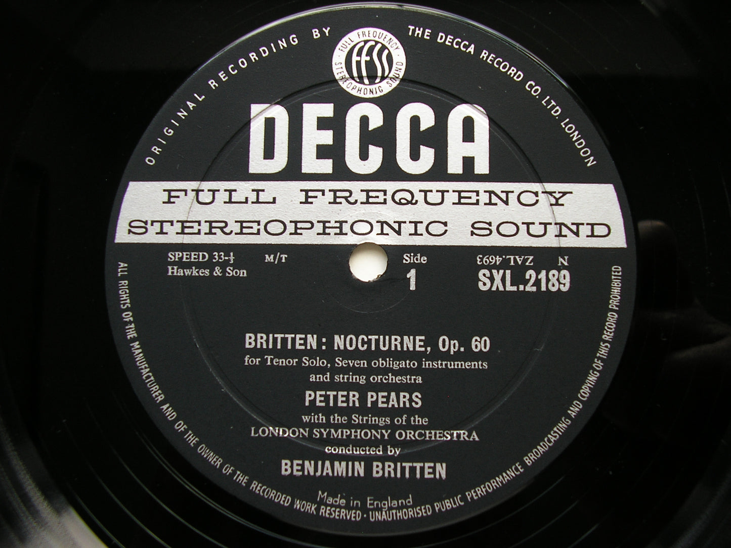 BRITTEN: NOCTURNE / FOUR SEA INTERLUDES / PASSACAGLIA from PETER GRIMES      BRITTEN / LONDON SYMPHONY     SXL 2189