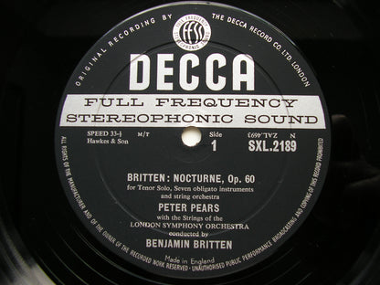 BRITTEN: NOCTURNE / FOUR SEA INTERLUDES / PASSACAGLIA from PETER GRIMES      BRITTEN / LONDON SYMPHONY     SXL 2189