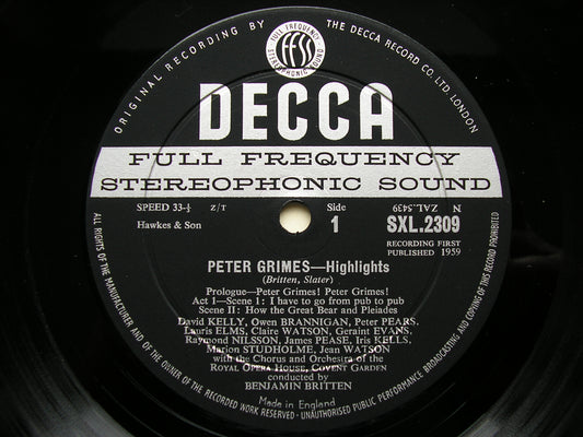 BRITTEN: PETER GRIMES   (highlights)       SOLOISTS / OROHCG / BRITTEN     ED1      SXL 2309