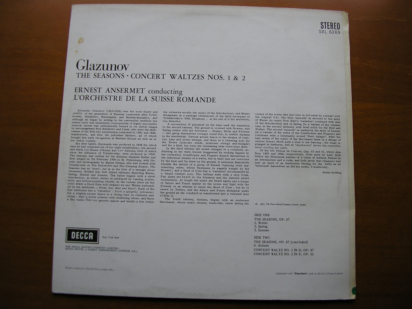 SXL 6269  GLAZUNOV: THE SEASONS  complete ballet / CONCERT WALTZES Nos. 1 & 2       ANSERMET / SUISSE ROMANDE     ED2