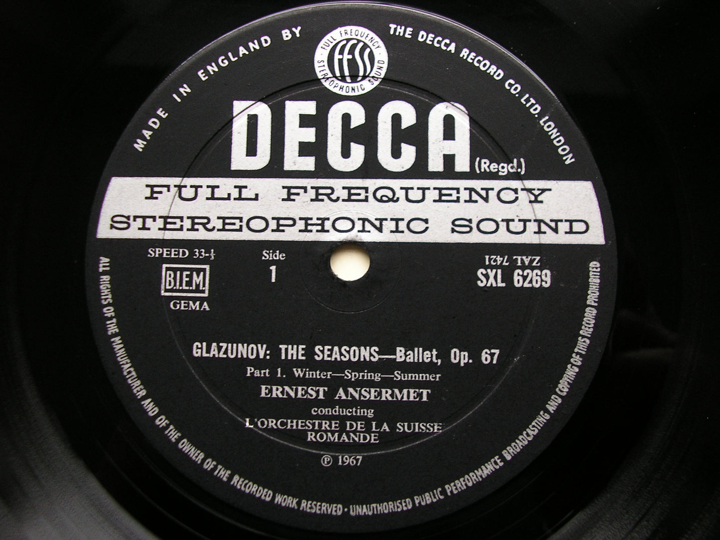 SXL 6269  GLAZUNOV: THE SEASONS  complete ballet / CONCERT WALTZES Nos. 1 & 2       ANSERMET / SUISSE ROMANDE     ED2