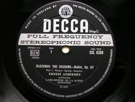 SXL 6269  GLAZUNOV: THE SEASONS  complete ballet / CONCERT WALTZES Nos. 1 & 2       ANSERMET / SUISSE ROMANDE     ED2