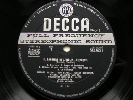 SXL 6271  ROSSINI: THE BARBER OF SEVILLE    excerpts      SOLOISTS / ROSSINI ORCHESTRA OF NAPLES / VARVISO     ED2