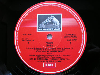 POULENC: GLORIA / PIANO CONCERTO     BURROWES / ORTIZ / CITY OF BIRMINGHAM SYMPHONY / FREMAUX       ASD 3299