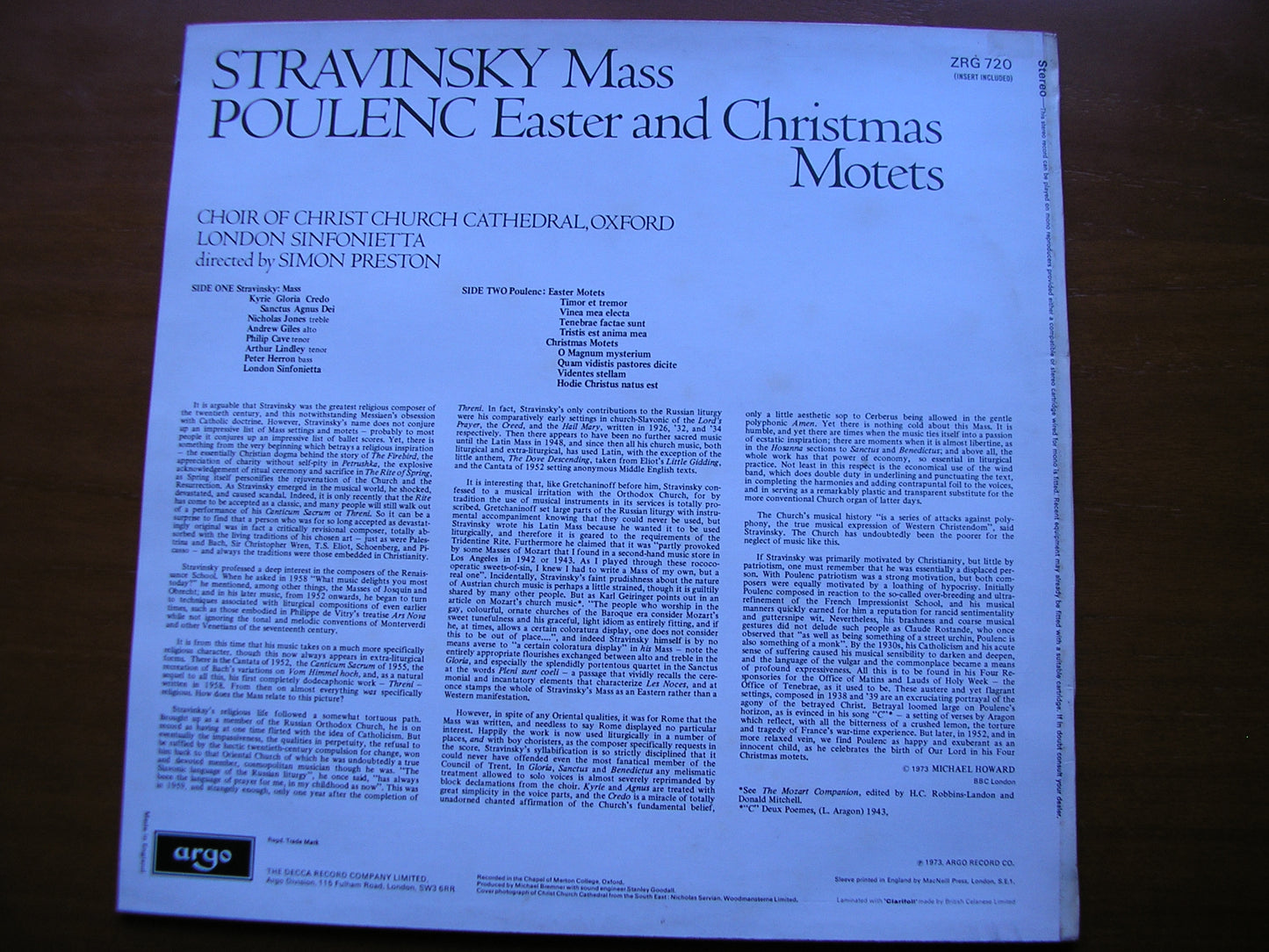 STRAVINSKY: MASS / POULENC: EASTER & CHRISTMAS MOTETS     CHOIR OF CHRIST CHURCH, OXFORD / LONDON SINFONIETTA / PRESTON    ZRG 720
