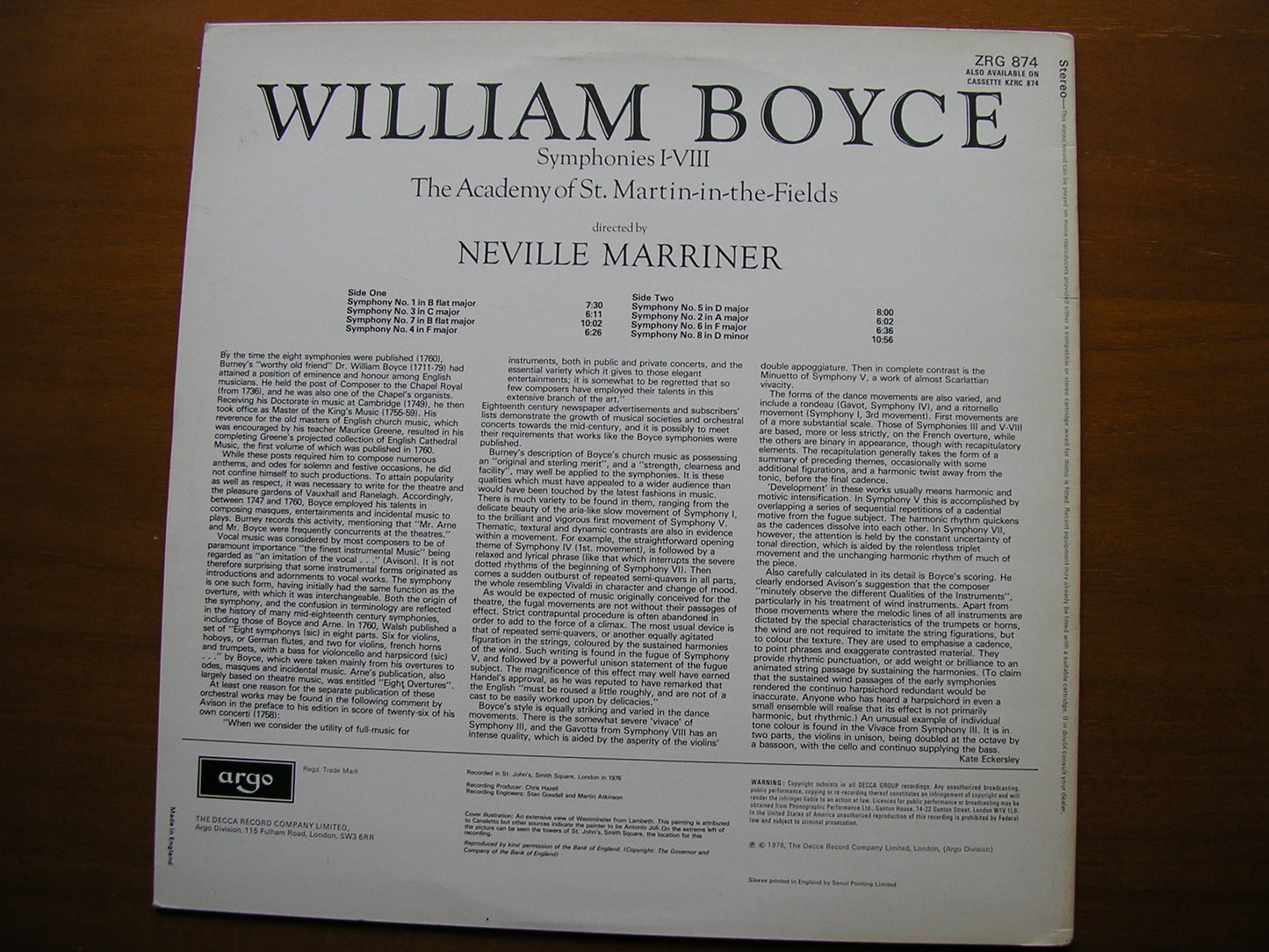 BOYCE: SYMPHONIES Nos. 1 - 8      MARRINER / ACADEMY OF ST MARTIN IN THE FIELDS      ZRG 874