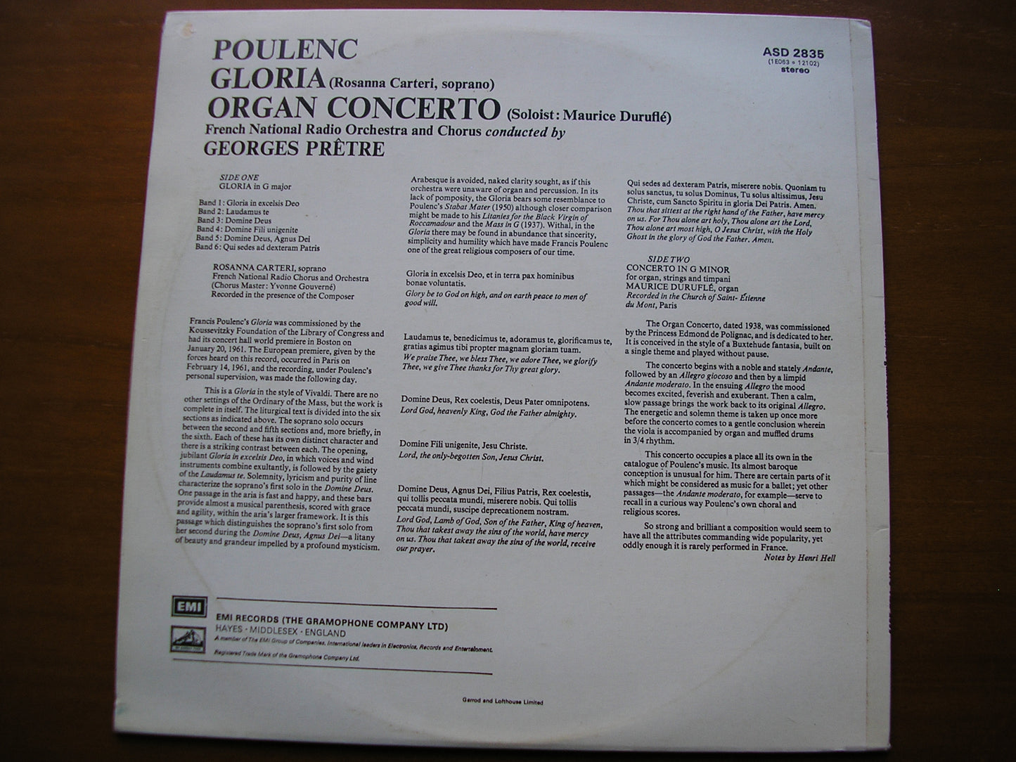 POULENC: GLORIA / ORGAN CONCERTO    DURUFLE / CARTERI / FRENCH NATIONAL RADIO ORCHESTRA / PRETRE      ASD 2835
