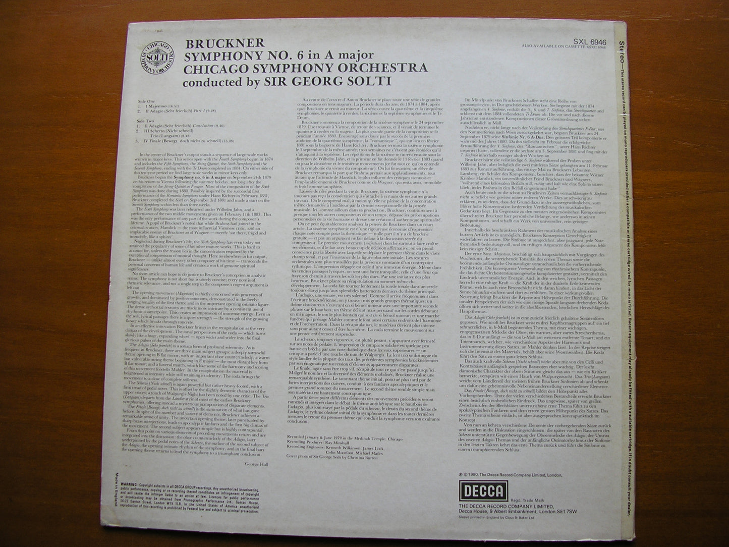 BRUCKNER: SYMPHONY No. 6     SOLTI / CHICAGO SYMPHONY      SXL 6946