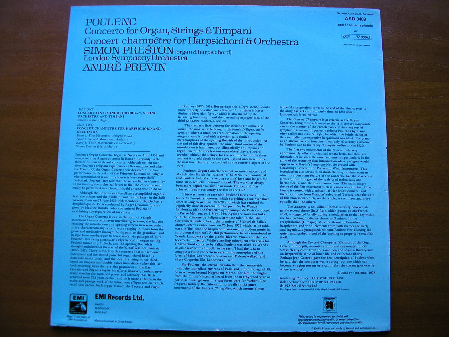 POULENC: CONCERTO FOR ORGAN, STRINGS & TIMPANI / CONCERTO CHAMPETRE     PRESTON / LONDON SYMPHONY / PREVIN      ASD 3489