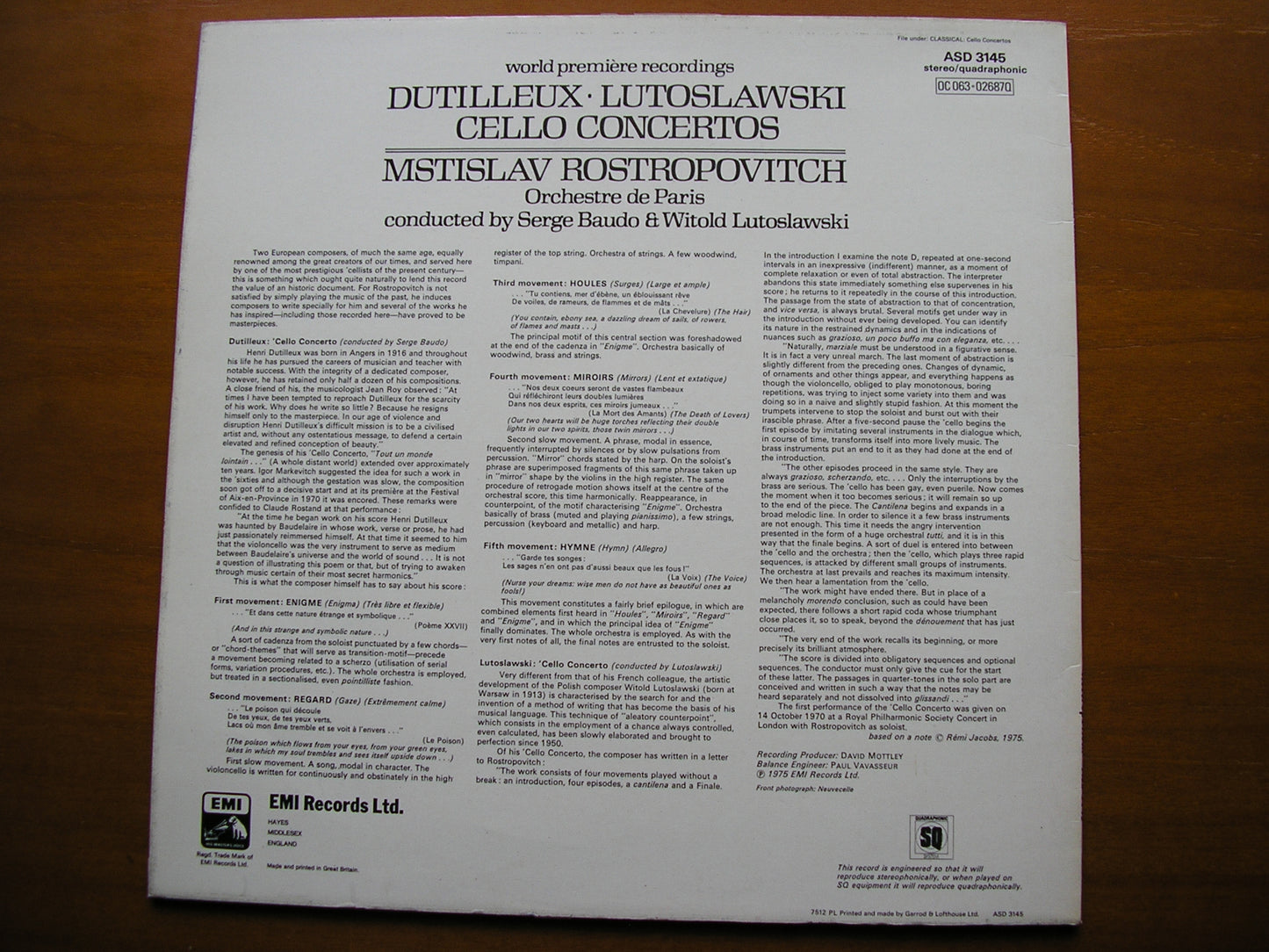 DUTILLEUX & LUTOSLAWSKI: CELLO CONCERTOS      ROSTROPOVICH / ORCHESTRE DE PARIS / DUTILLEUX / LUTOSLAWSKI     ASD 3145