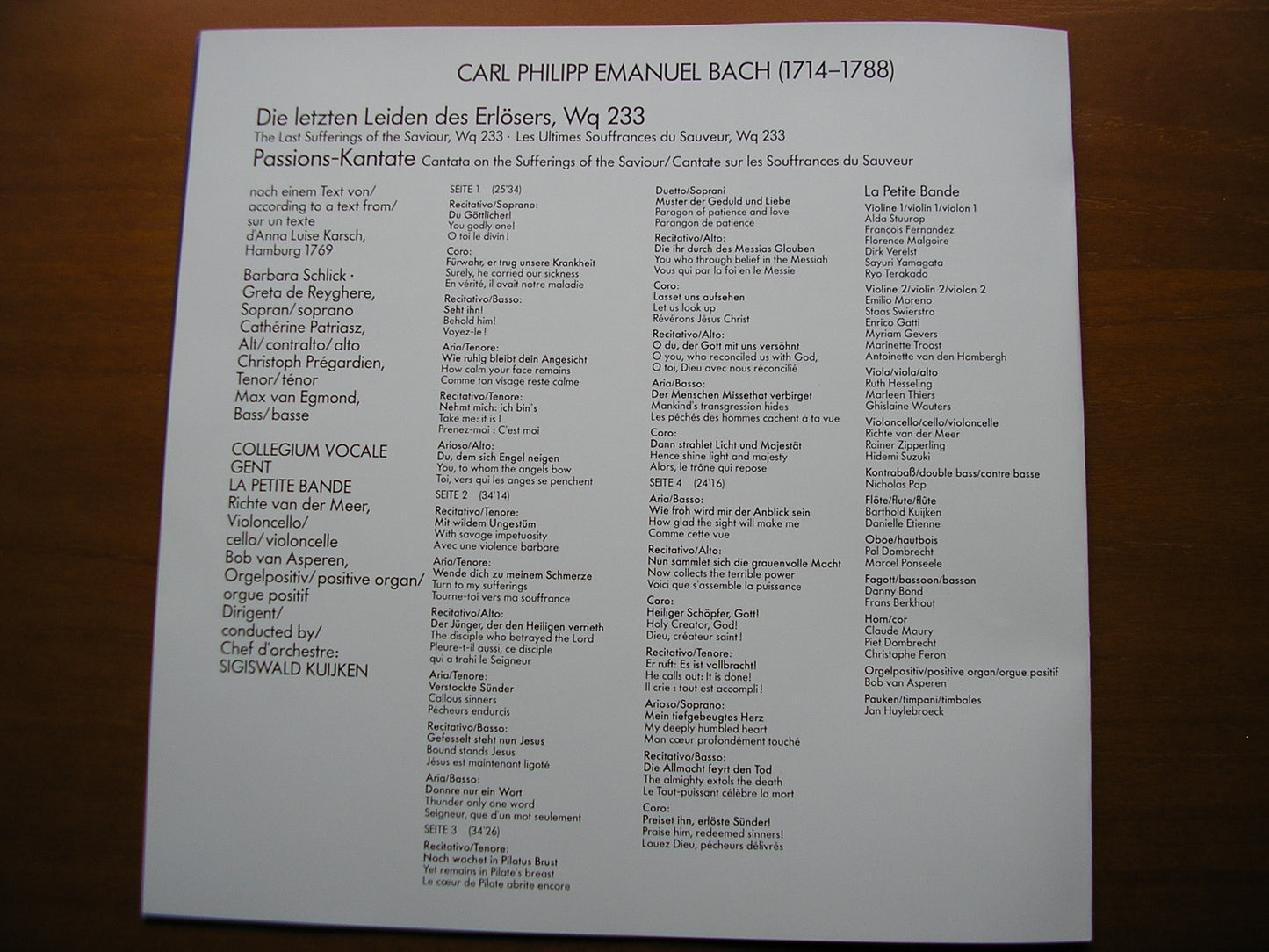 BACH, CPE: THE LAST SUFFERINGS OF THE SAVIOUR    SOLOISTS / LA PETITE BAND / KUIJKEN     2LP     16 9602