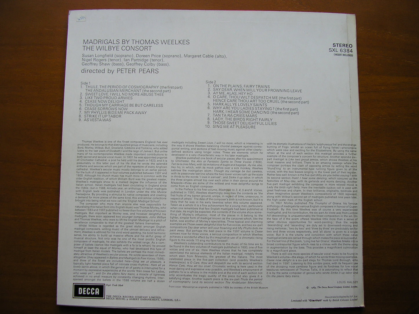 SXL 6384 WEELKES: MADRIGALS      THE WILBYE CONSORT / PEARS      ED3