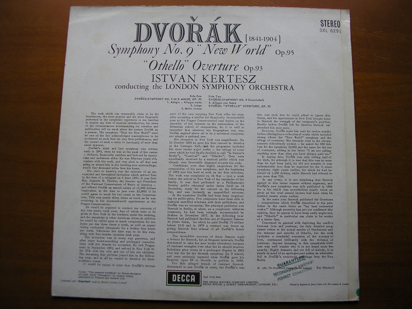 SXL 6291  DVORAK: SYMPHONY No. 9  From the New World  / OVERTURE Othello       KERTESZ / LONDON SYMPHONY     ED2