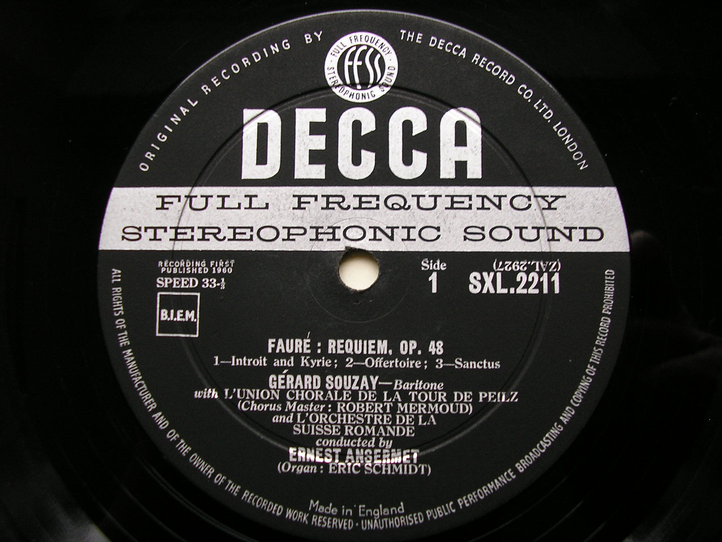 FAURE: REQUIEM     SUZANNE DANCO / GERARD SOUZAY / SUISSE ROMANDE ORCHESTRA / ANSERMET     SXL 2211