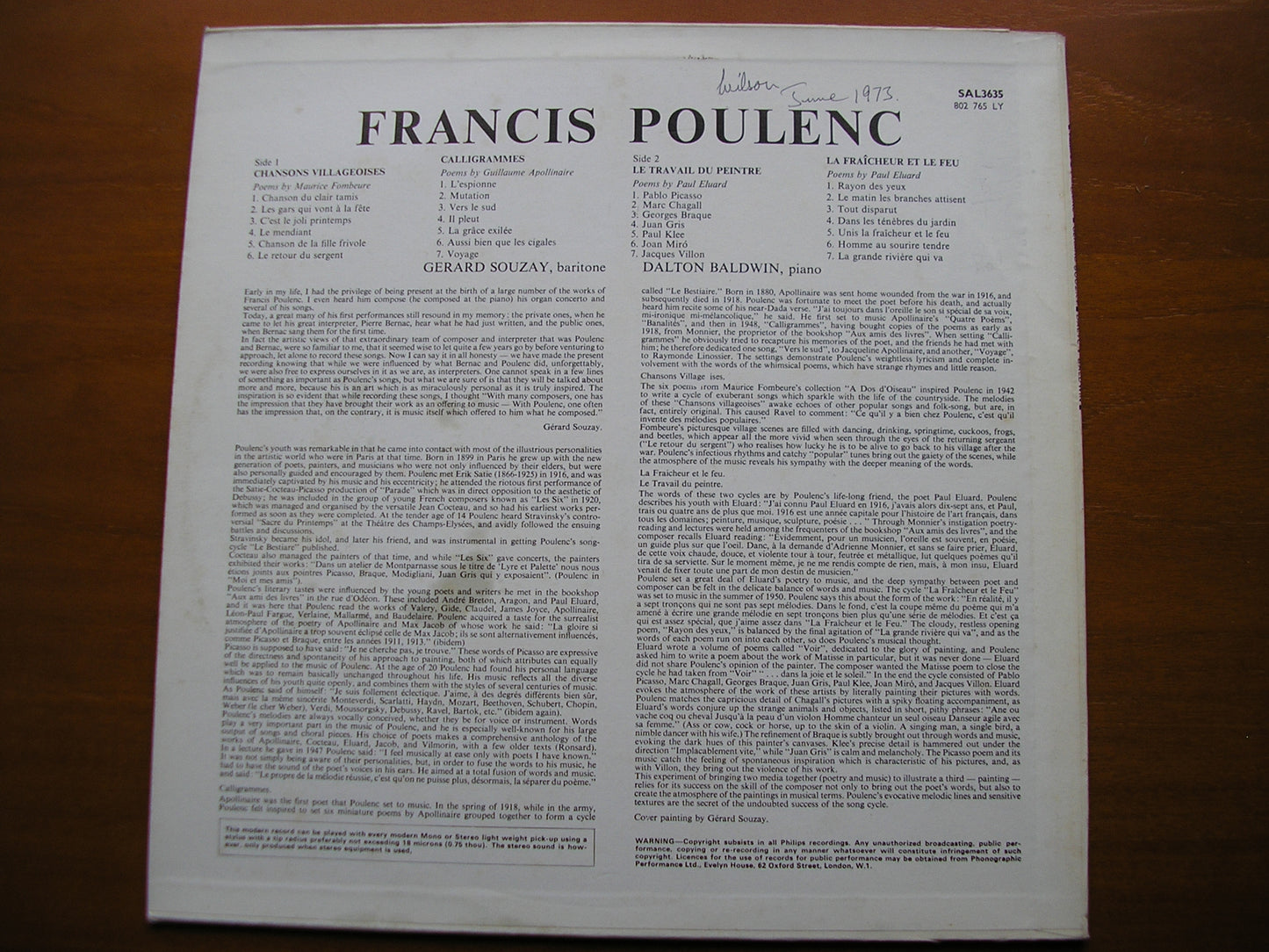 POULENC: FOUR SONG CYCLES    GERARD SOUZAY / DALTON BALDWIN     SAL 3635