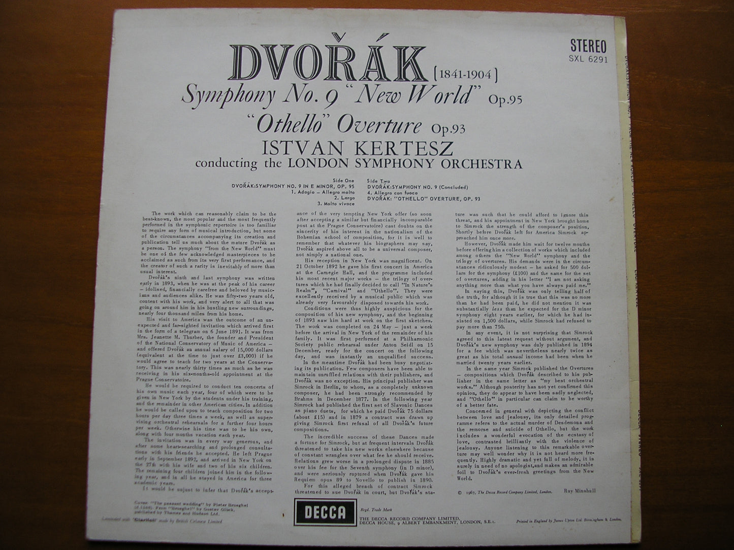 SXL 6291  DVORAK: SYMPHONY No. 9  /  OVERTURE Othello      KERTESZ / LONDON SYMPHONY     ED4