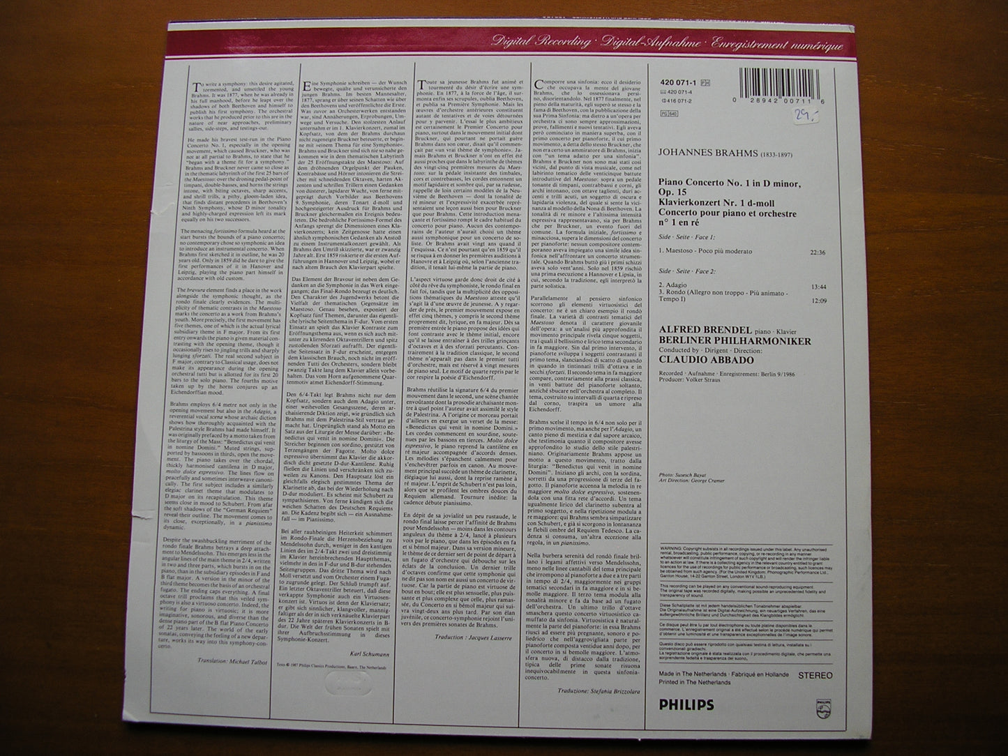 BRAHMS: PIANO CONCERTONo. 1      BRENDEL / BERLIN PHILHARMONIC / ABBADO      420 071