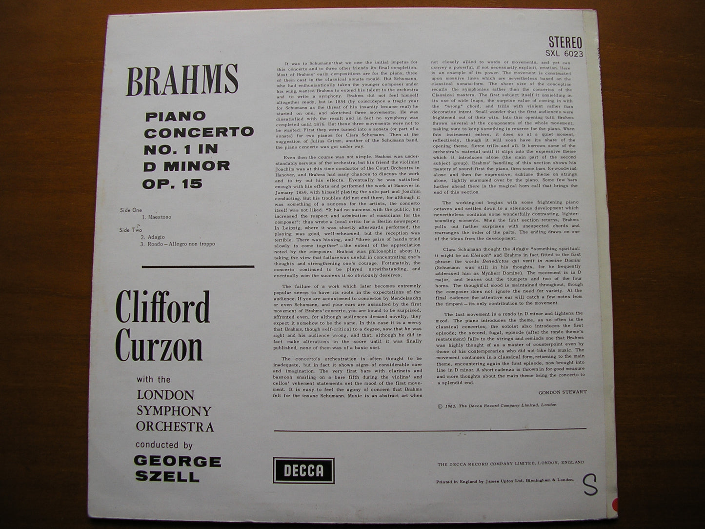 BRAHMS: PIANO CONCERTO No. 1        CURZON / LONDON SYMPHONY / SZELL     SXL 6023