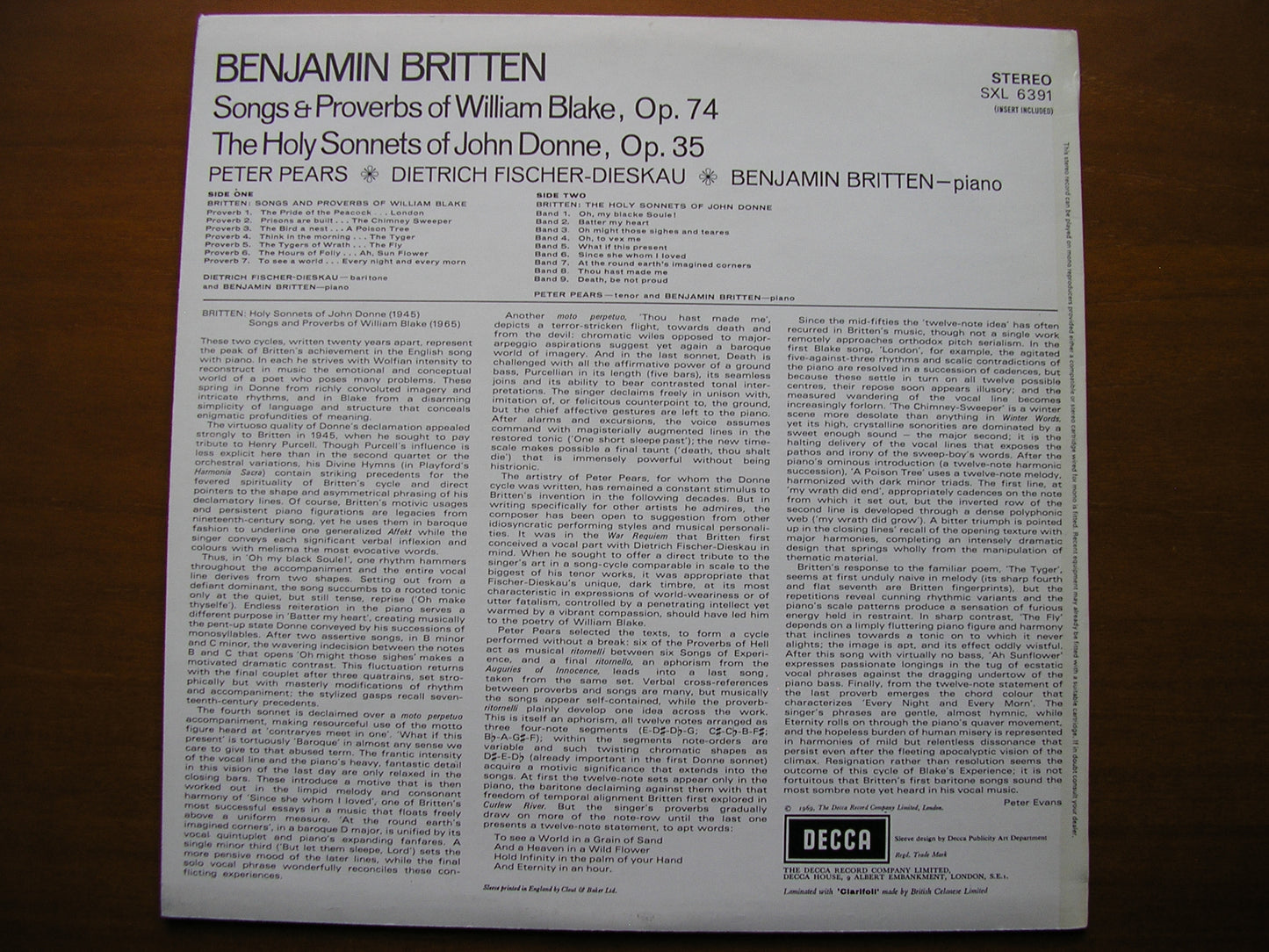 SXL 6391 BRITTEN: SONGS ON TEXTS BY WILLIAM BLAKE & JOHN DONNE     FISCHER-DIESKAU / PEARS / BRITTEN       ED3