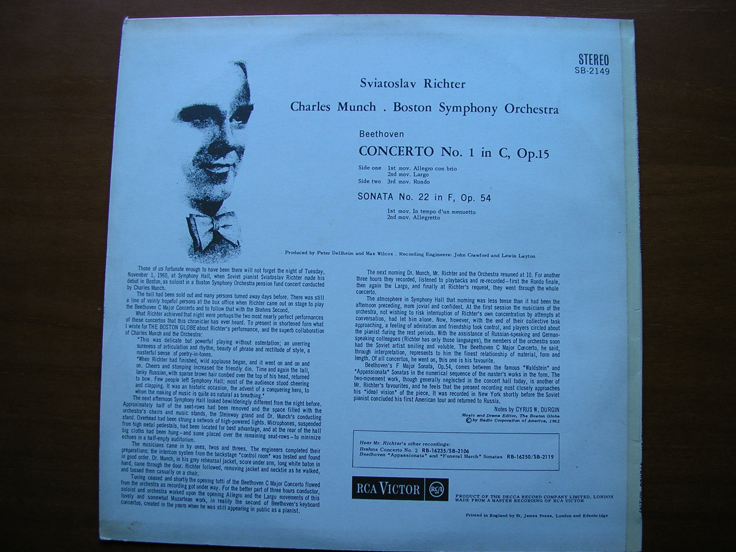 BEETHOVEN: PIANO CONCERTO No. 1 / SONATA Op. 54      RICHTER / BOSTON SYMPHONY / MUNCH      SB 2149