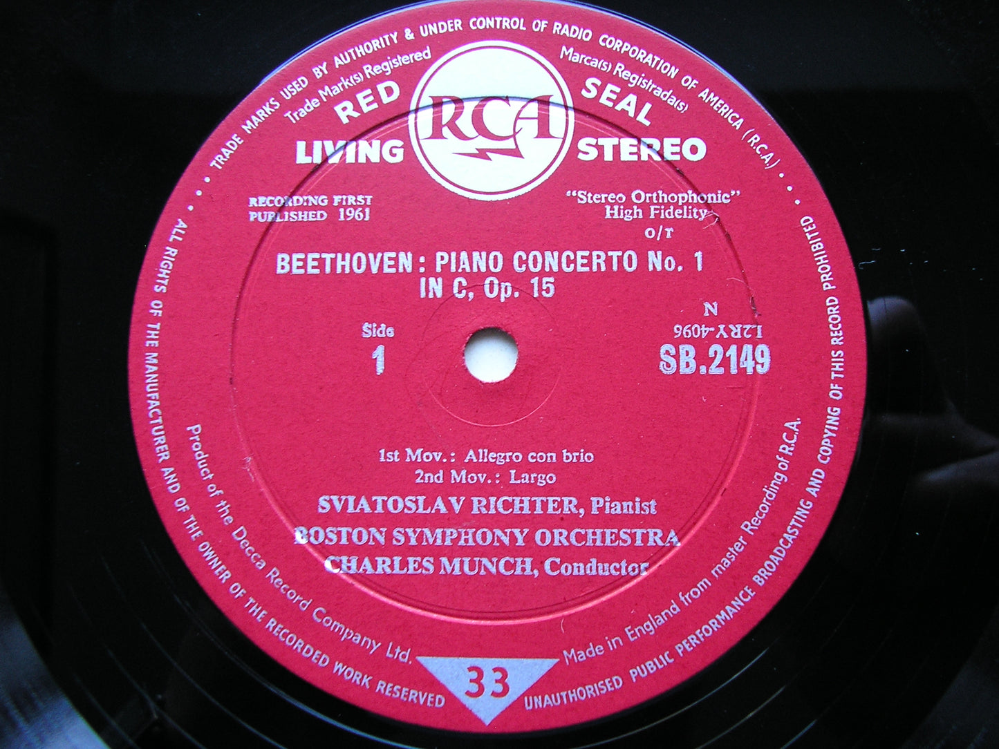 BEETHOVEN: PIANO CONCERTO No. 1 / SONATA Op. 54      RICHTER / BOSTON SYMPHONY / MUNCH      SB 2149