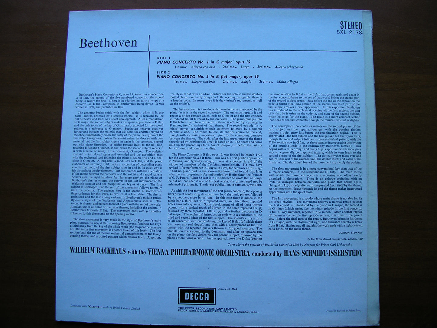 BEETHOVEN: PIANO CONCERTO No. 1      BACKHAUS / VIENNA PHILHARMONIC / SCHMIDT-ISSERSTEDT     SXL 2178