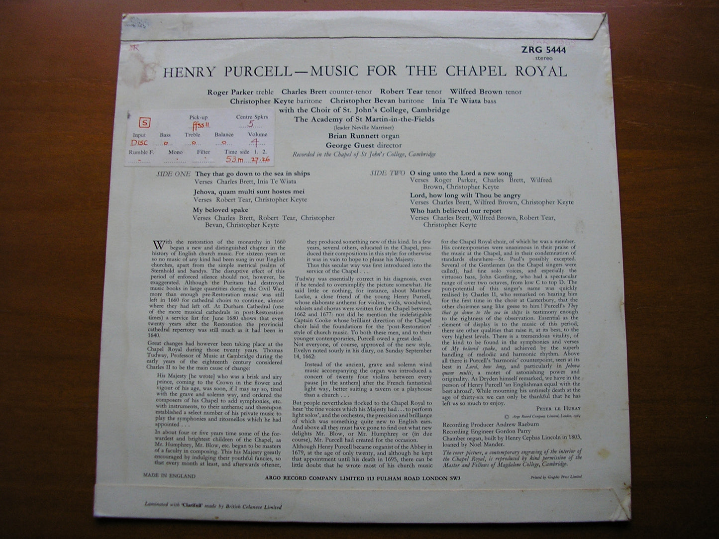 PURCELL: MUSIC FOR THE CHAPEL ROYAL     SOLOISTS / CHOIR OF ST JOHN'S COLLEGE CAMBRIDGE / ASMIF / GUEST     ZRG 5444