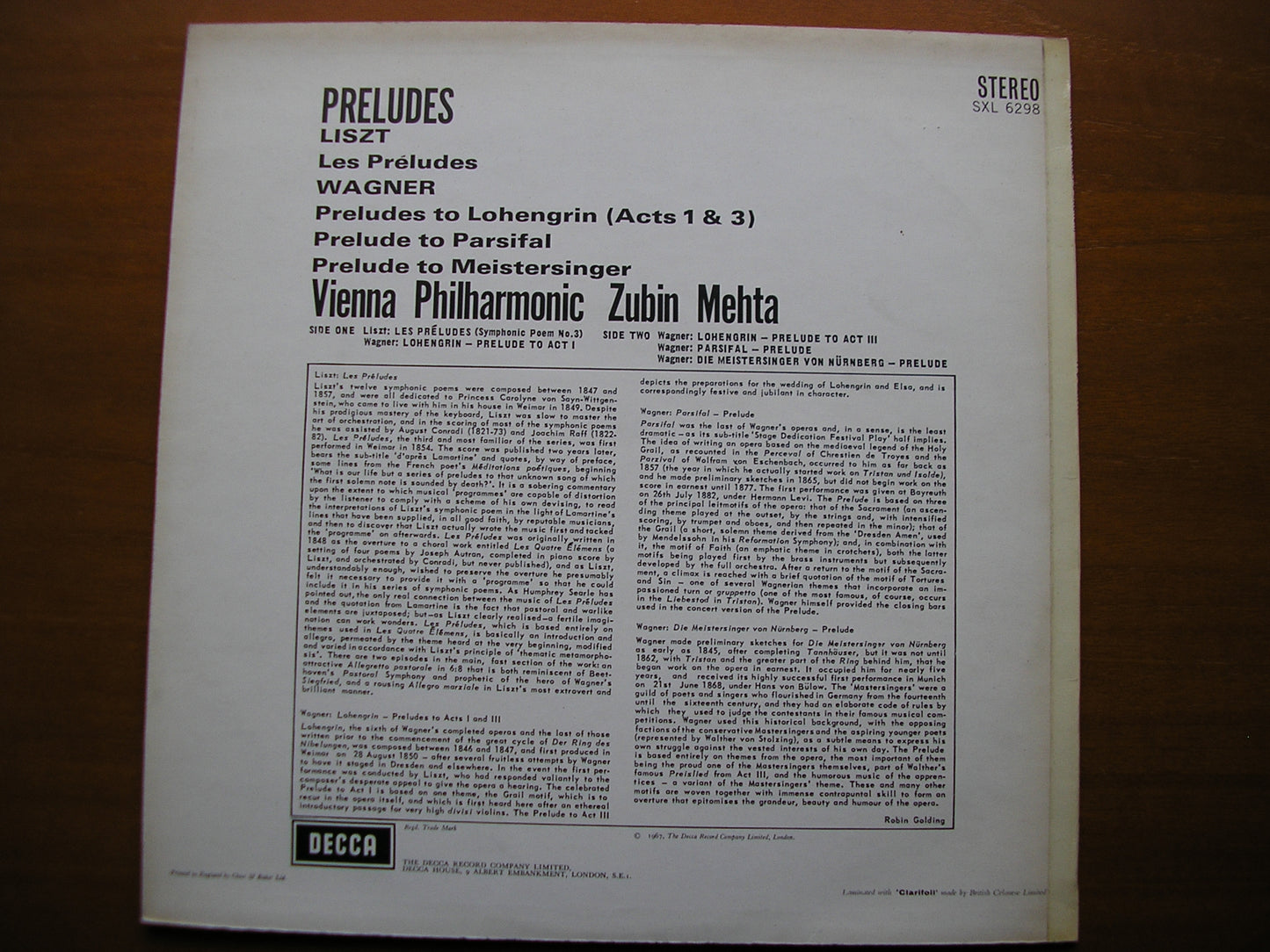 SXL 6298  LISZT: LES PRELUDES / WAGNER: PRELUDES to Lohengrin / Parsifal / Meistersinger       MEHTA / VIENNA PHILHARMONIC    ED2