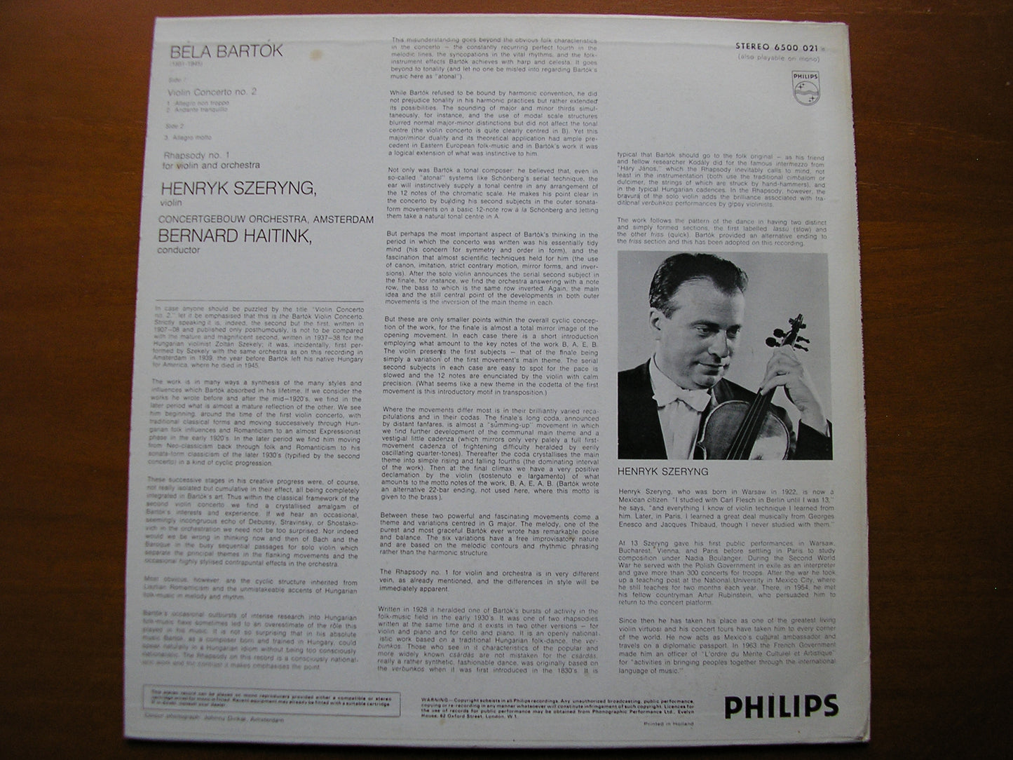 BARTOK: VIOLIN CONCERTO No. 2 / RHAPSODY No. 1      SZERYNG / CONCERTGEBOUW / HAITINK    6500 021