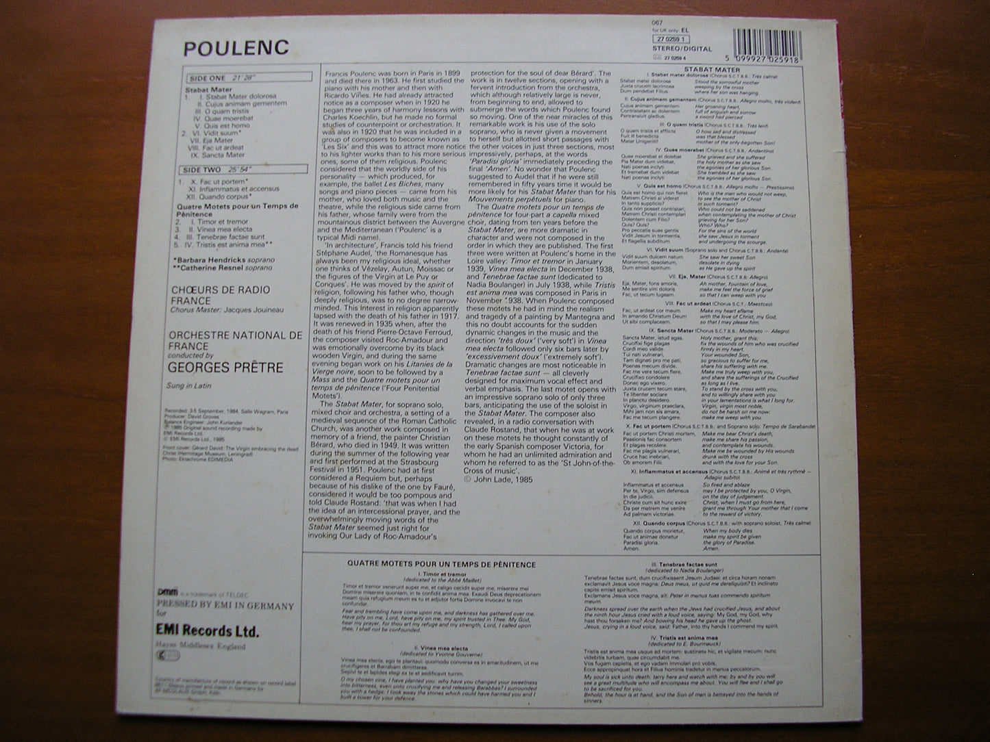 POULENC: STABAT MATER / FOUR MOTETS     HENDRICKS / FRENCH NATIONAL ORCHESTRA / PRETRE    27 0259