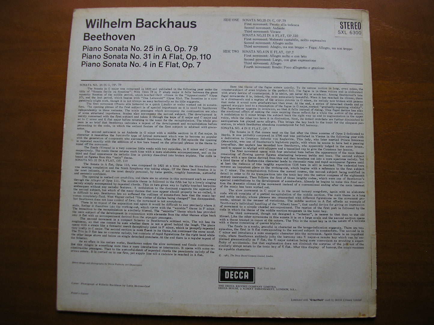 SXL 6300  BEETHOVEN: PIANO SONATAS Nos. 4 / 25 / 31     WILHELM BACKHAUS     ED2