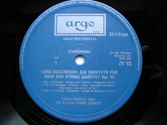 BOCCHERINI: SIX STRING QUINTETS Op. 45      FRANCIS / ALLEGRI STRING QUARTET     ZK 93