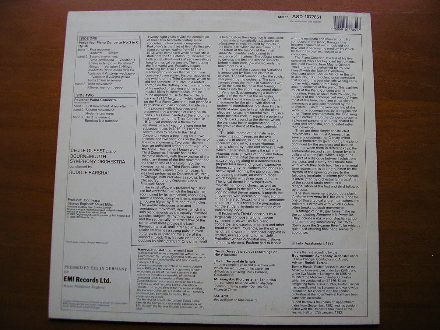 POULENC: PIANO CONCERTO / PROKOFIEV: PIANO CONCERTO No. 3    OUSSET / BOURNEMOUTH SYMPHONY / BARSHAI    ASD 1077851
