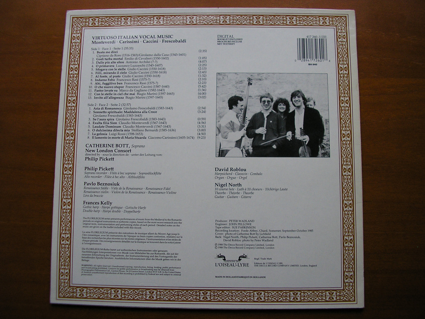 VIRTUOSO ITALIAN VOCAL MUSIC: DA CAVALIERI / FRESCOBALDI / MONTEVERDI / CACCINI / ROSSI       BOTT / NEW LONDON CONSORT / PICKETT   417 260