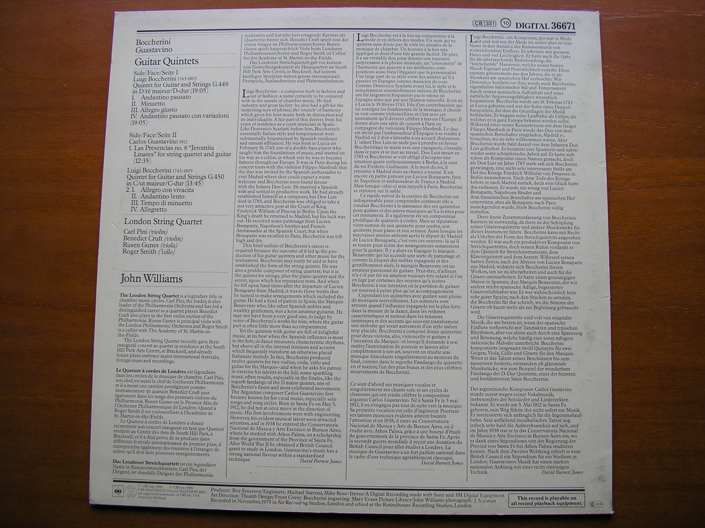 BOCCHERINI: GUITAR QUINTETS G 449 / G 450 / GUSTAVINO: LAS PRESENCIAS No. 6      WILLIAMS / LNDON STRING QUARTET    36671
