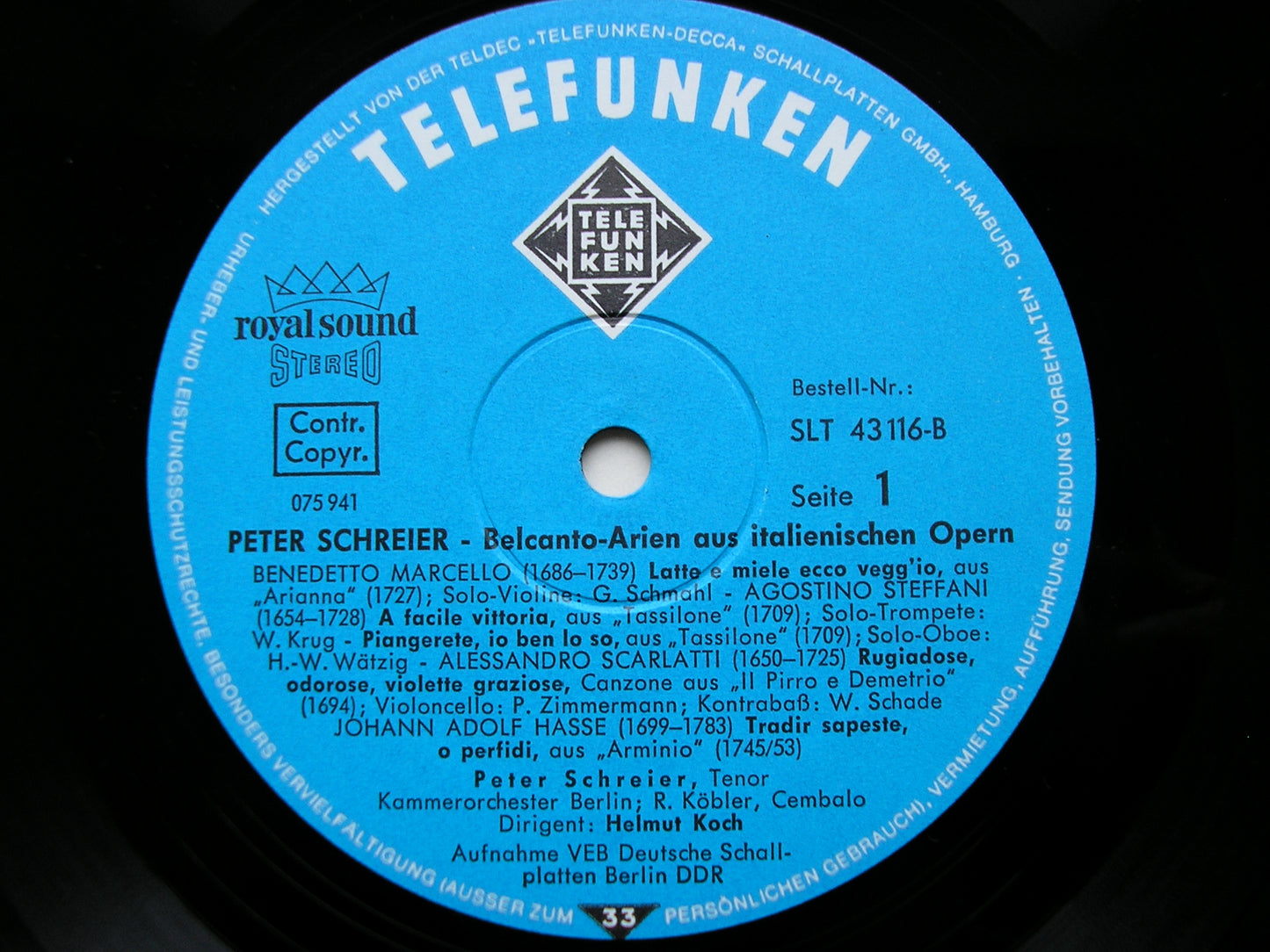 17th & 18th CENTURY BEL CANTO ARIAS: MARCELLO / STEFFANI / HASSE / SCARLATTI / TELEMANN / LEO / GASPARINI      SCHREIER / BERLIN CHAMBER ORCHESTRA / KOCH    SLT 43116