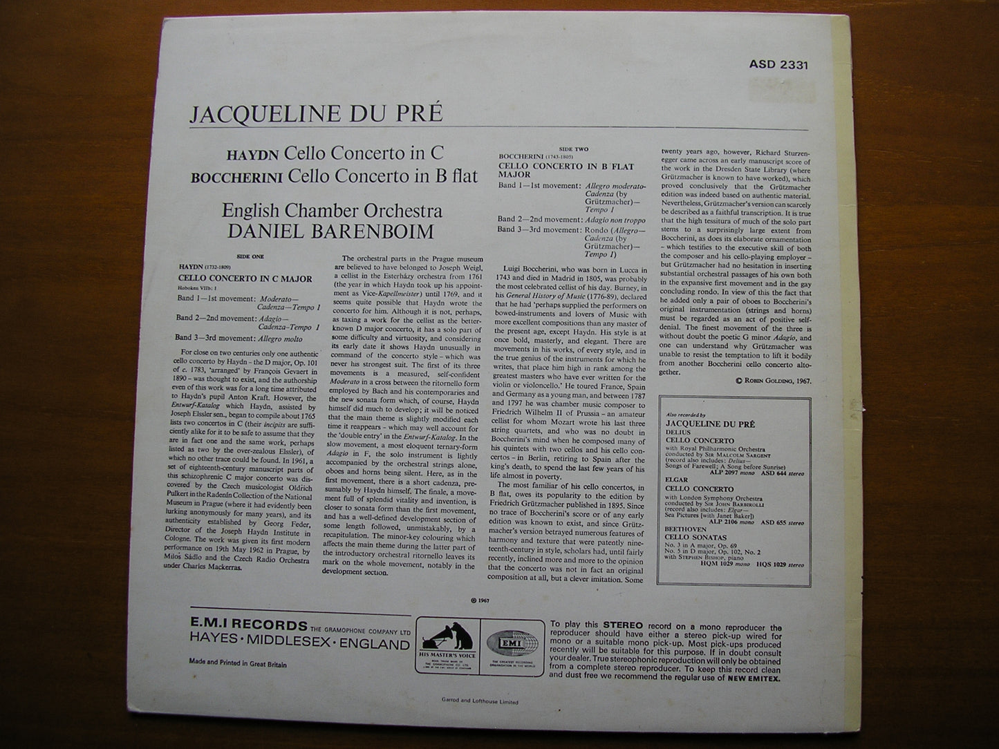 HAYDN & BOCCHERINI: CELLO CONCERTOS      DU PRE / ENGLISH CHAMBER ORCHESTRA / BARENBOIM     ASD 2331