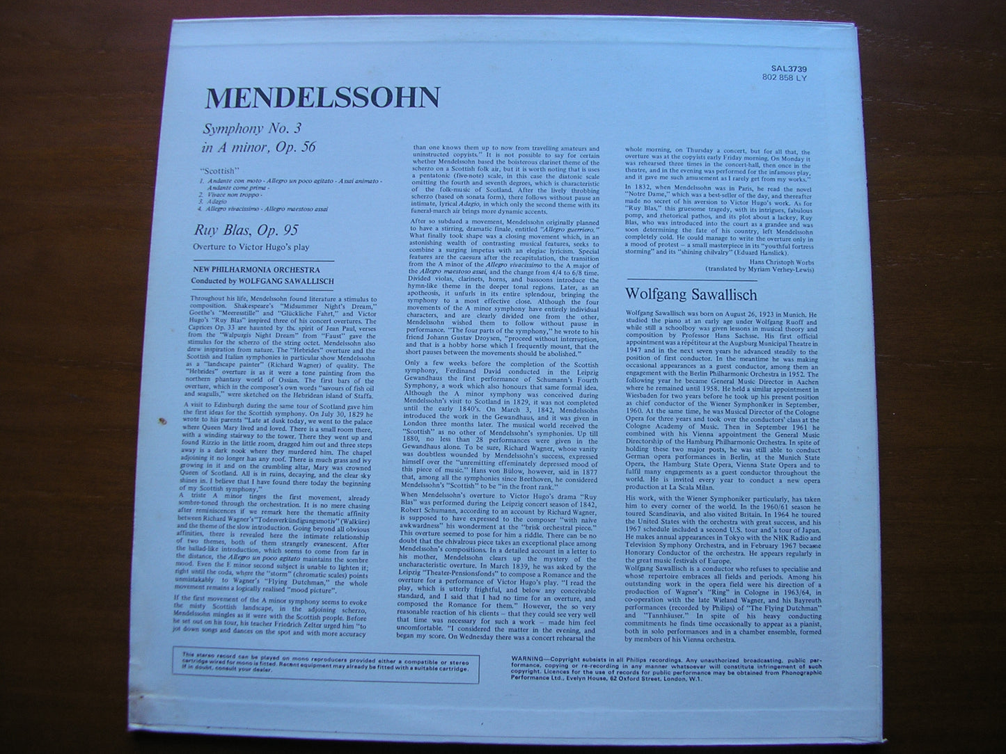 MENDELSSOHN: SYMPHONY No. 3 / OVERTURE Ruy Blas     SAWALLISCH / NEW PHILHARMONIA     SAL 3739