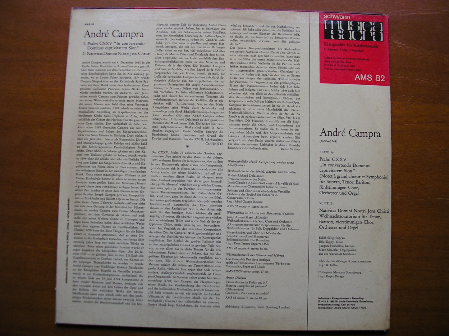 CAMPRA: PSALM 125 / CHRISTMAS ORATORIO     SOLOISTS / COLLEGIUM MUSICUM STRASSBOURG / DELAGE    AMS 82