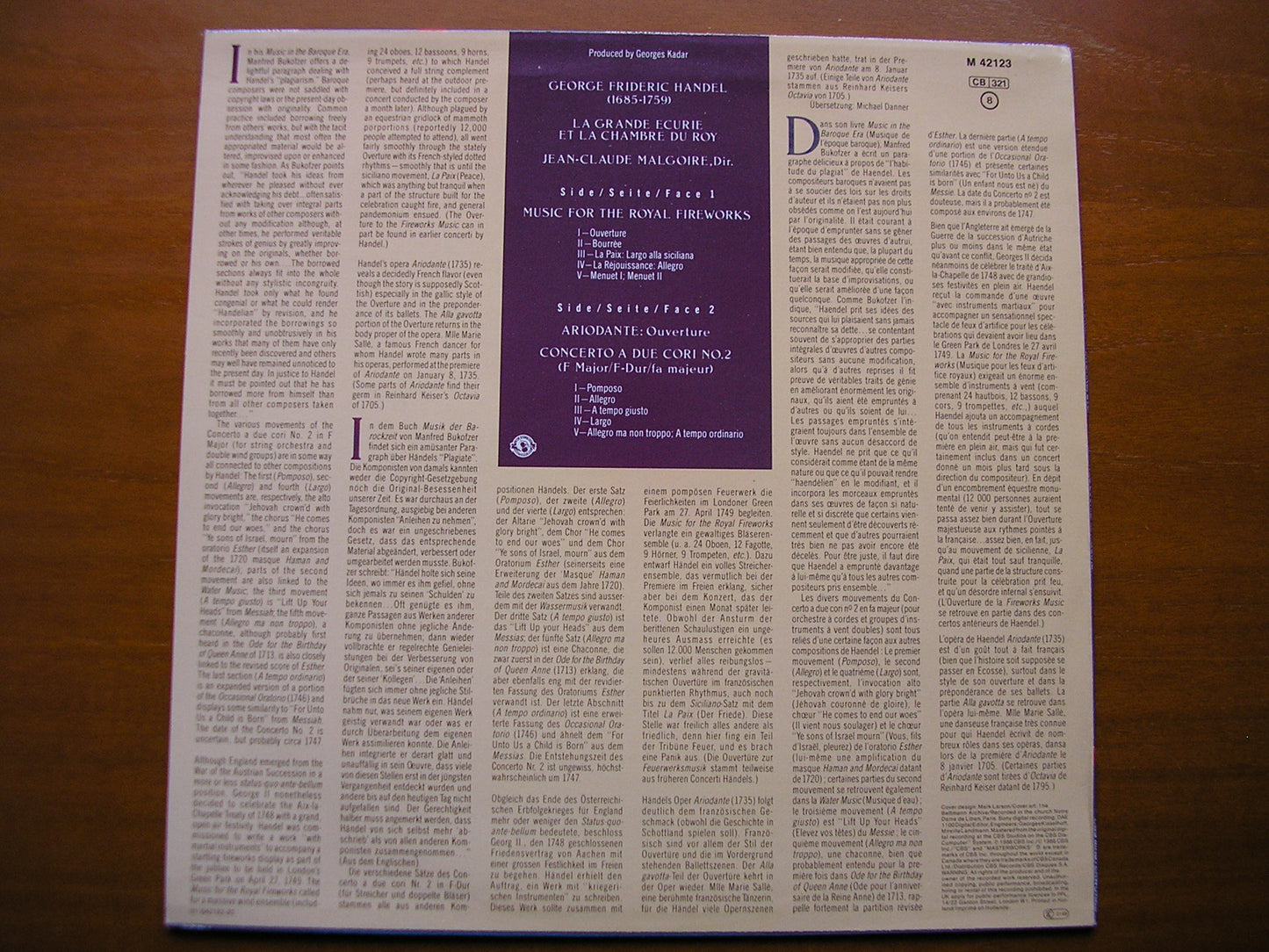 HANDEL: MUSIC FOR THE ROYAL FIREWORKS / CONCERTO A DUE CORI / OVERTURE Ariodante      MALGOIRE / LA GRANDE ECURIE ET LA CHAMBRE DU ROY    M 42123